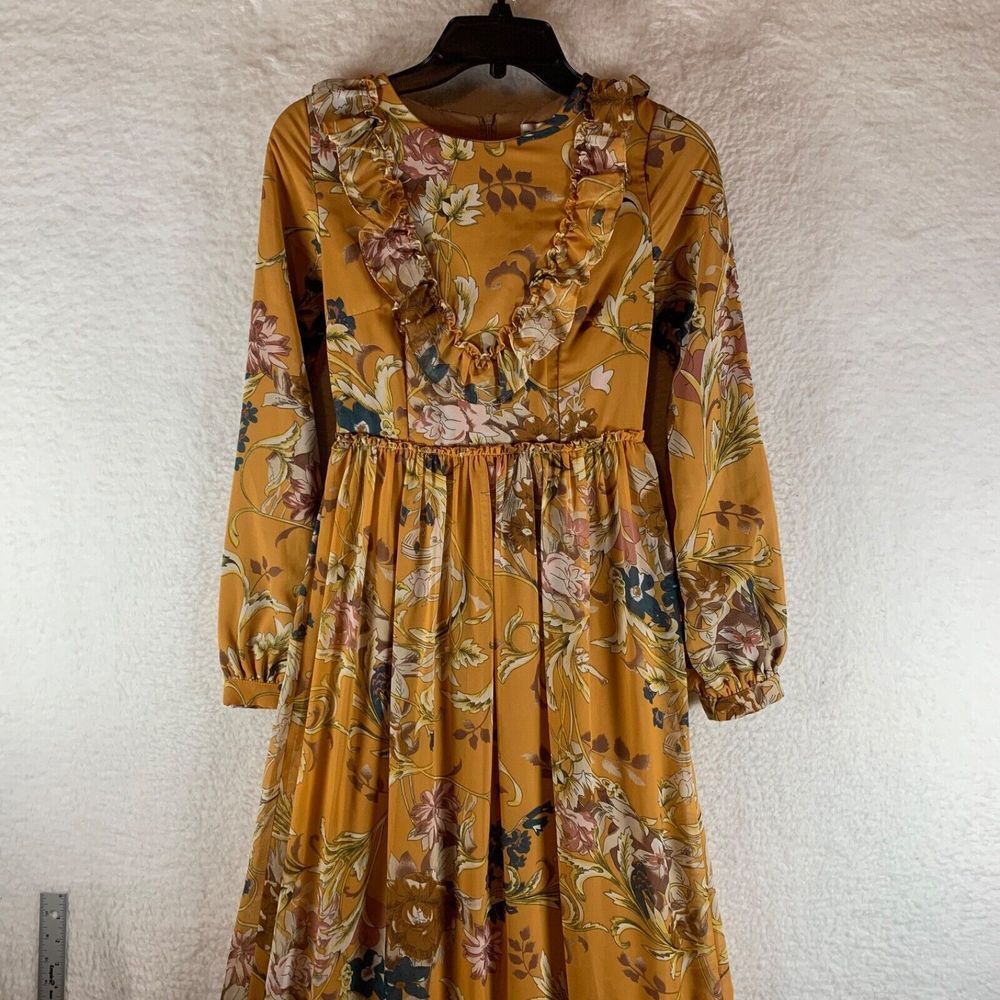 Loreen Womens Ruffled Front Long Sleeve Yellow Floral Maxi Dress Size 36 Cottage